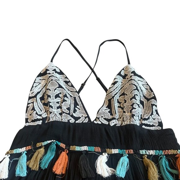 Raga Night Dust Embroidered Spaghetti Strap Dress Fringe Cotton Size Medium NWT - Picture 3 of 12